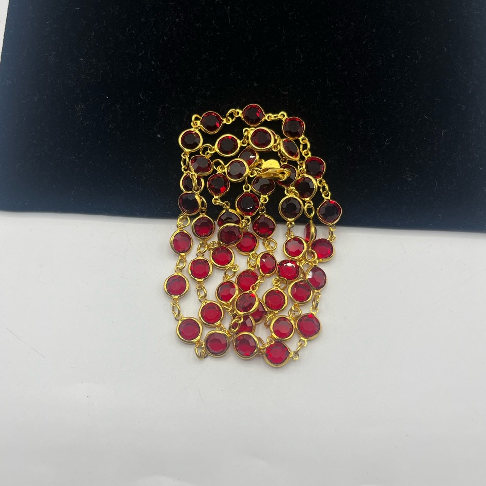 Austrian Crystal USA Red Glass Crystal Bezel Gold Tone Long Necklace 35”